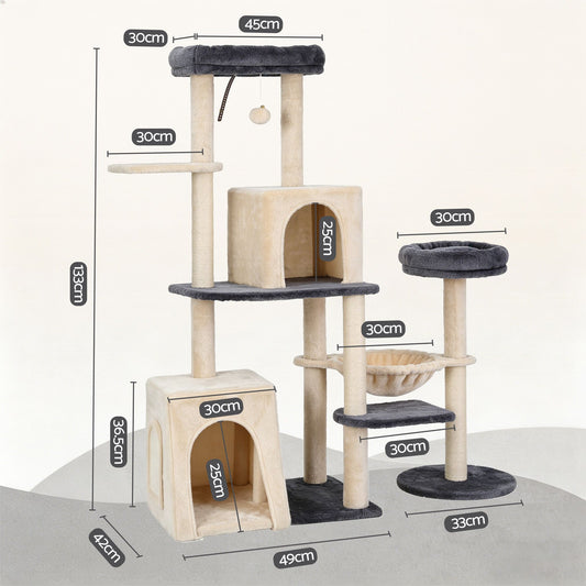 i.Pet 133cm L-Shape Cat Tree Tower | Grey & Beige