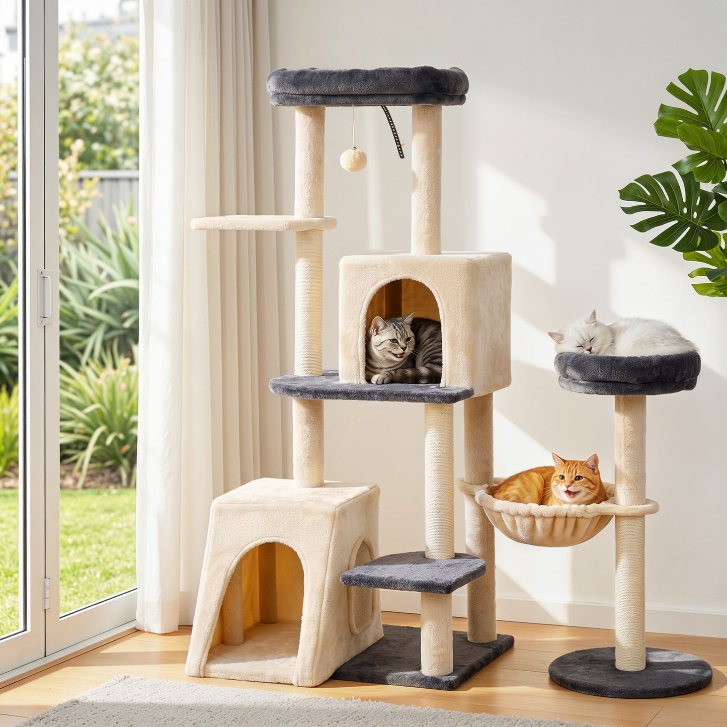 i.Pet 133cm L-Shape Cat Tree Tower | Rotatable Design | Scratching Post | Grey & Beige