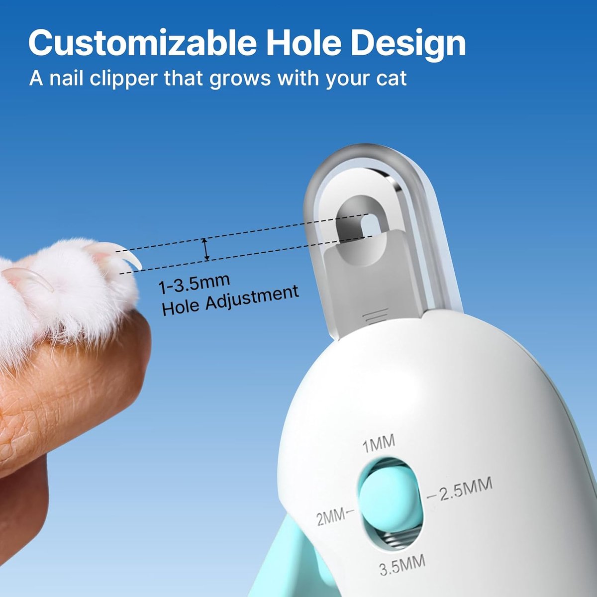 Blue Electric Pet Nail File | Dog & Cat Nail Clipper | 3-Size Adjustable Trimming Hole | Anti-Splash