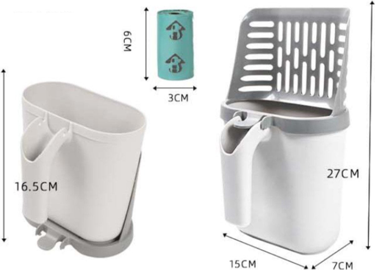 Cat Litter Scoop with Collection Tray & 8 Rolls Waste Bags | Ergonomic Grey | Dirt-Free