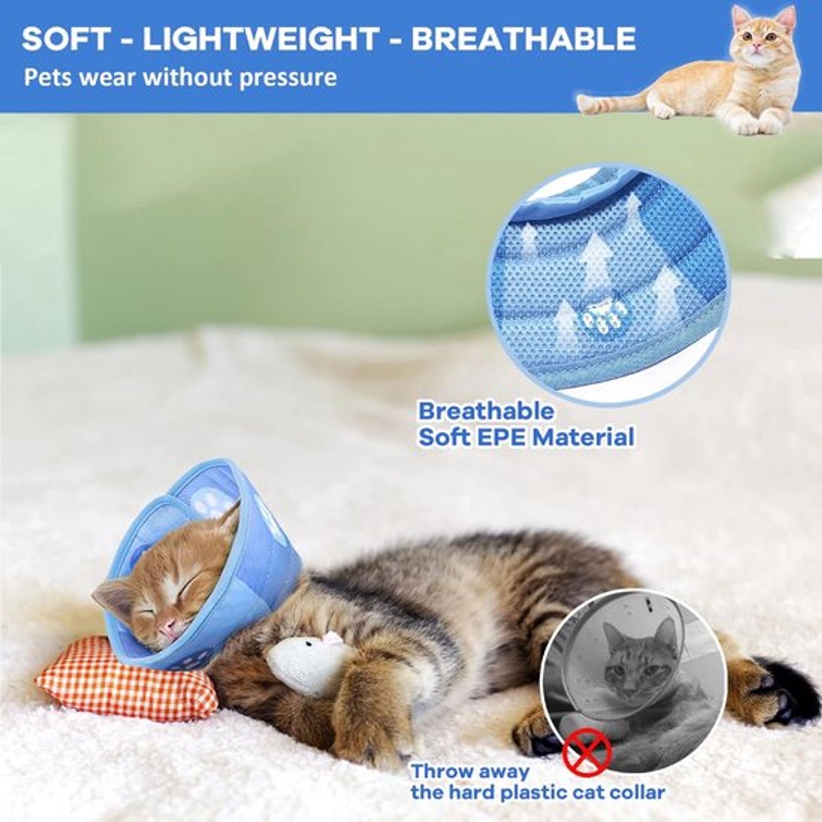 Blue Size L Soft Adjustable Cat Recovery Collar | Elizabethan Cone Collar for Cats