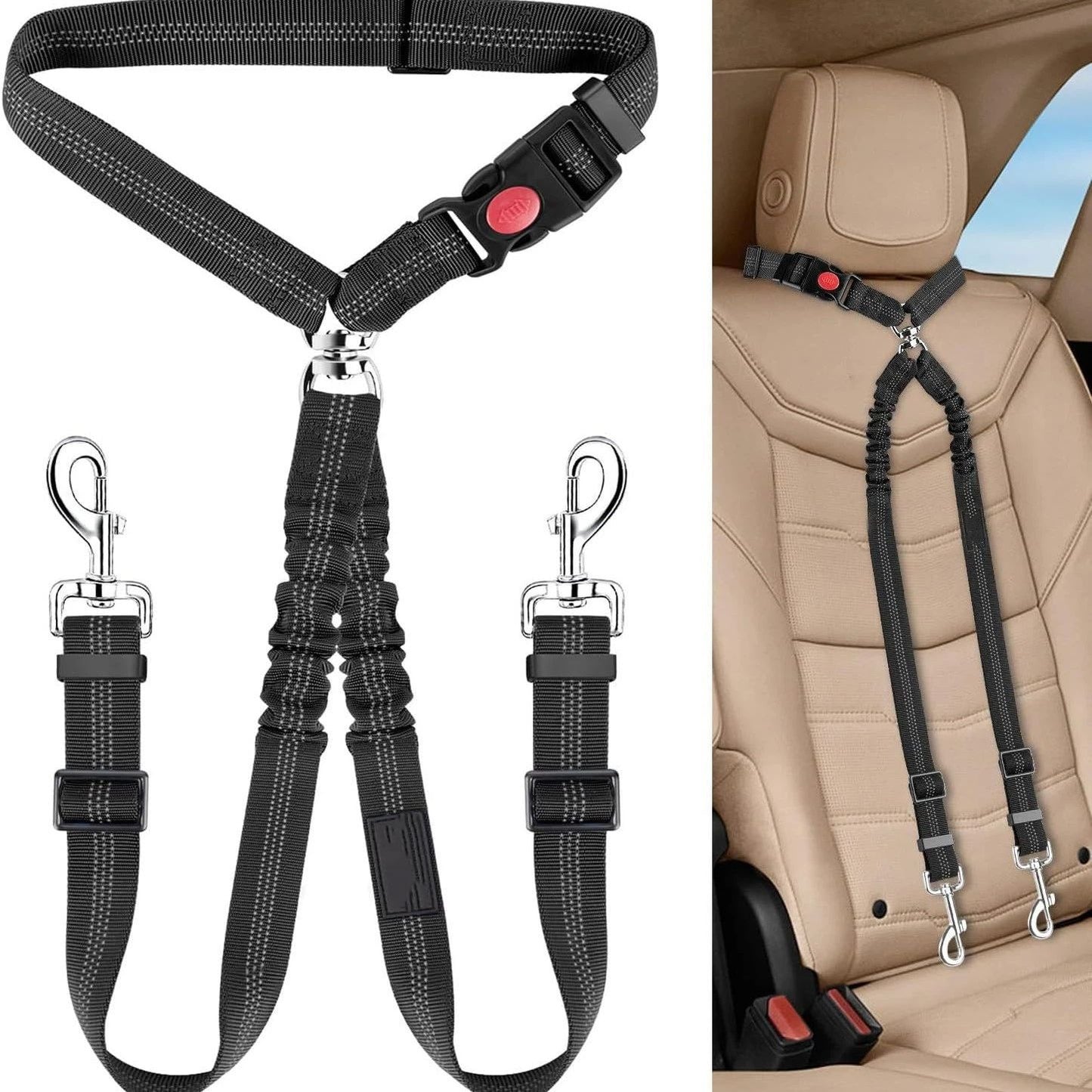 Double Dog Car Seat Belt 2-Pack | No-Tangle Safety Seatbelt | Bungee Splitter Lead