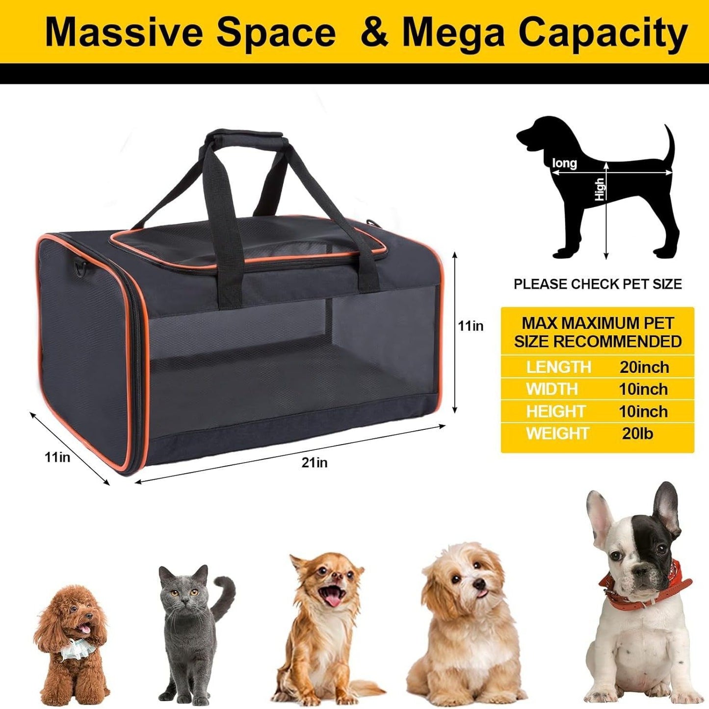 Soft Pet Carrier Travel Bag | Large Cats 20lbs+ and Small Dogs | Breathable Softside