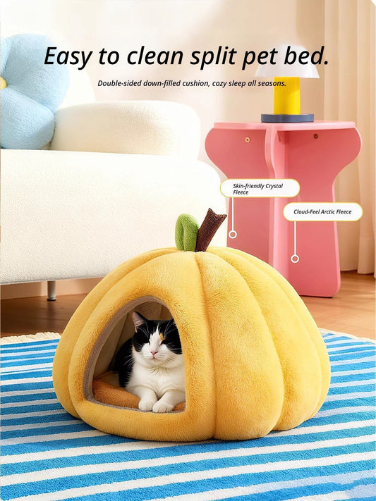 Pumpkin Cat Bed | Plush Enclosed Nest | Green | Medium
