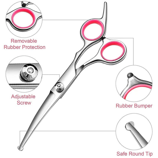 Curved Dog Scissors 19cm, Silver, Rounded Tip Pet Grooming Shears