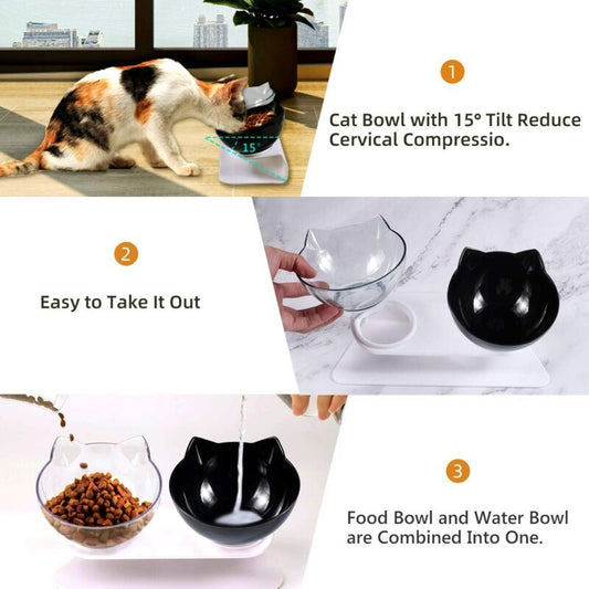 Double Raised Cat Bowl Set | 15° Tilt Elevated Stand | Anti-Slip