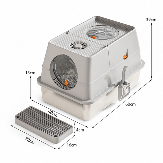 Light Grey Large Stainless Steel Cat Litter Box | Round Top