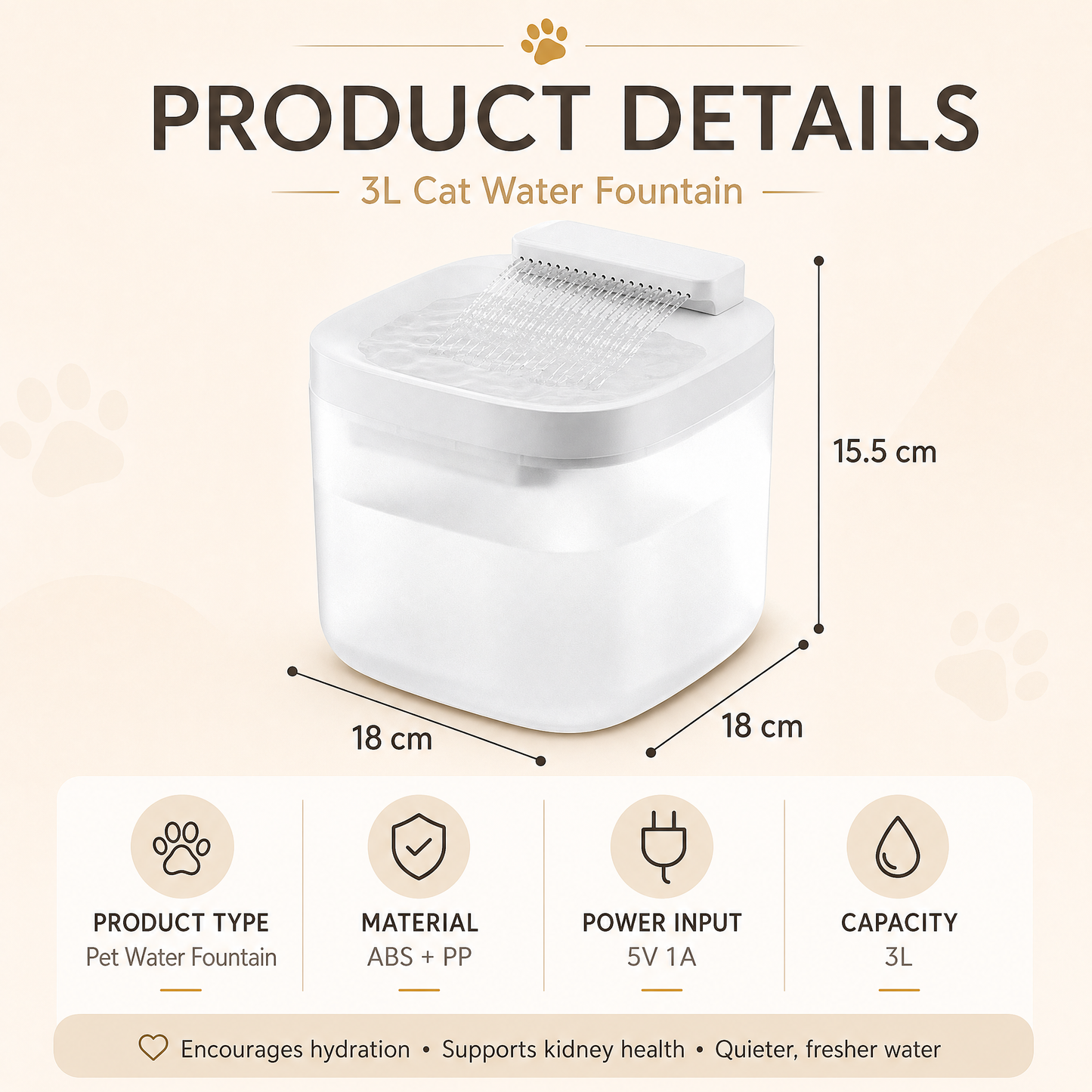 Cat Water Fountain 3L | Wired Waterfall-Style | Quiet Drinking Fountain