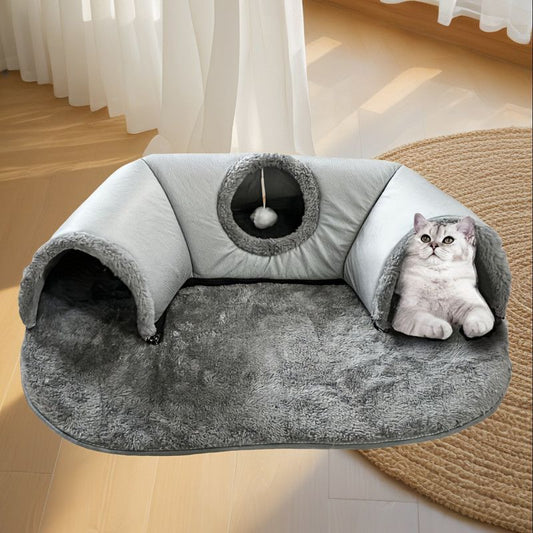 Warm Cat Tunnel Bed | Autumn/Winter Plush | Play-and-Sleep Cat Run