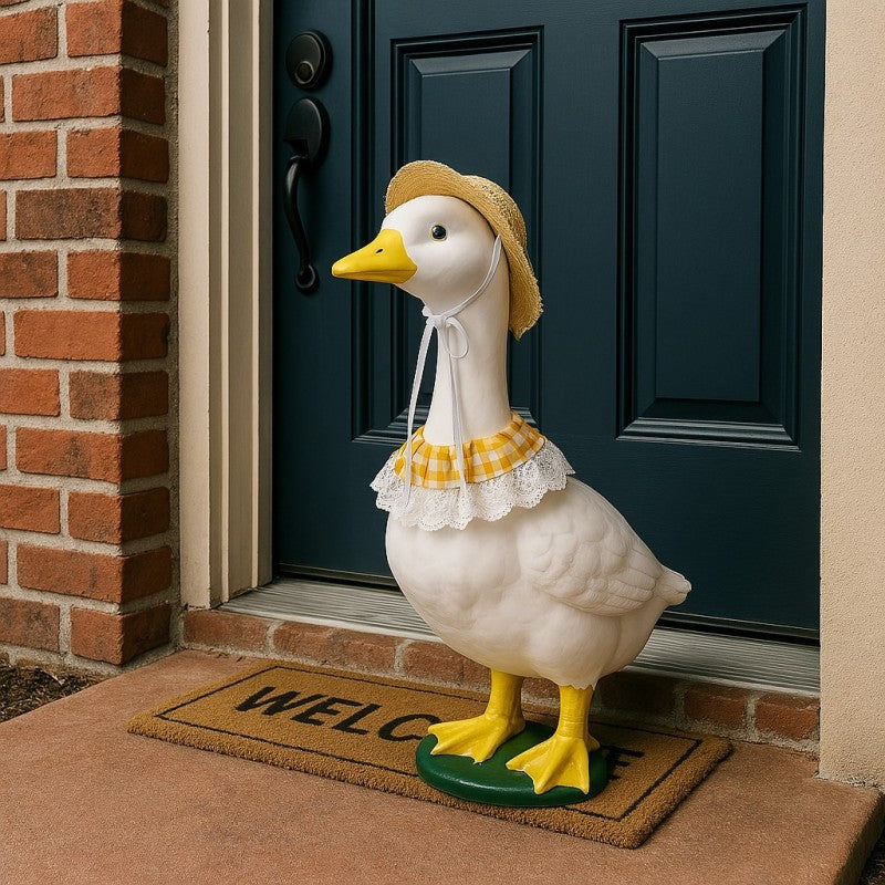Khaki & Yellow Porch Goose Pet Costume Set | Summer Straw Hat & Gingham Bib | Small Pets
