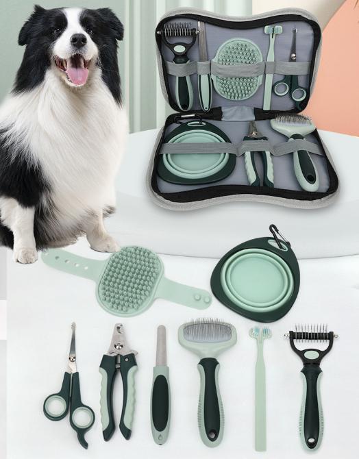 Grey & Green 8-Piece Pet Grooming Kit | Brushes Nail Clippers Scissors | Dog & Cat with Portable Case