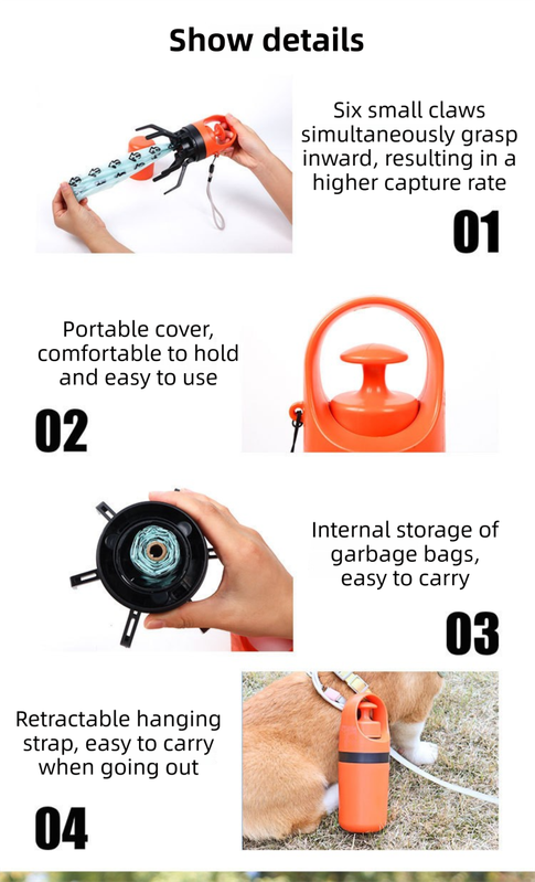 Orange Foldable 6-Claw Dog Poop Scooper | Built-in Bag Dispenser & 1 Roll | Outdoor Walking