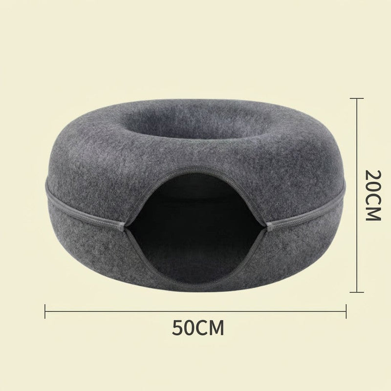 Felt Donut Cat Bed with Zipper Tunnel Toy | Double-Layer Cave | 50x20cm | Light Grey