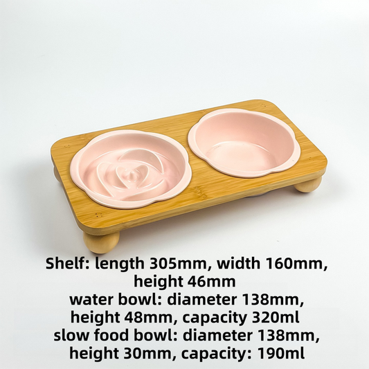 Ceramic Floral Cat Slow Feeder and Water Bowl Set | Elevated Stand