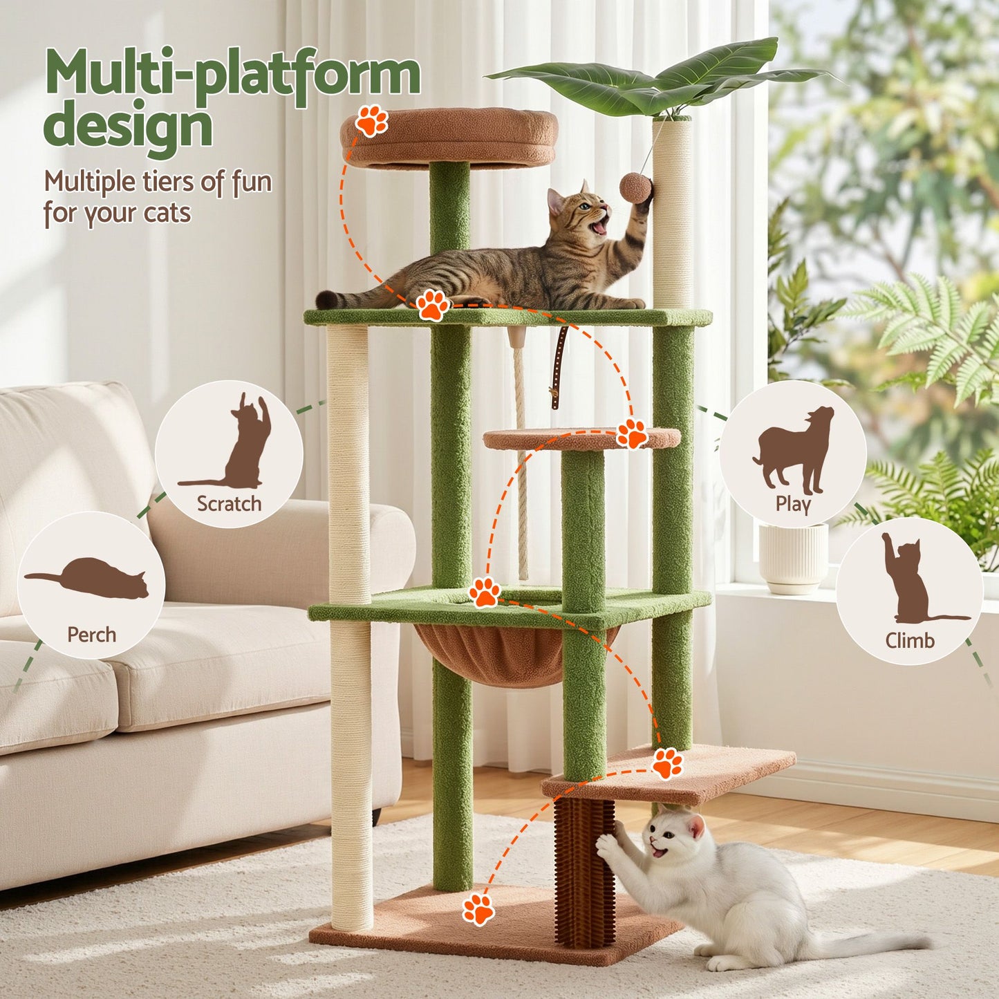 i.Pet 152cm Jungle Cat Tree Tower | Multi-Level Scratching Post | Leafy Canopy
