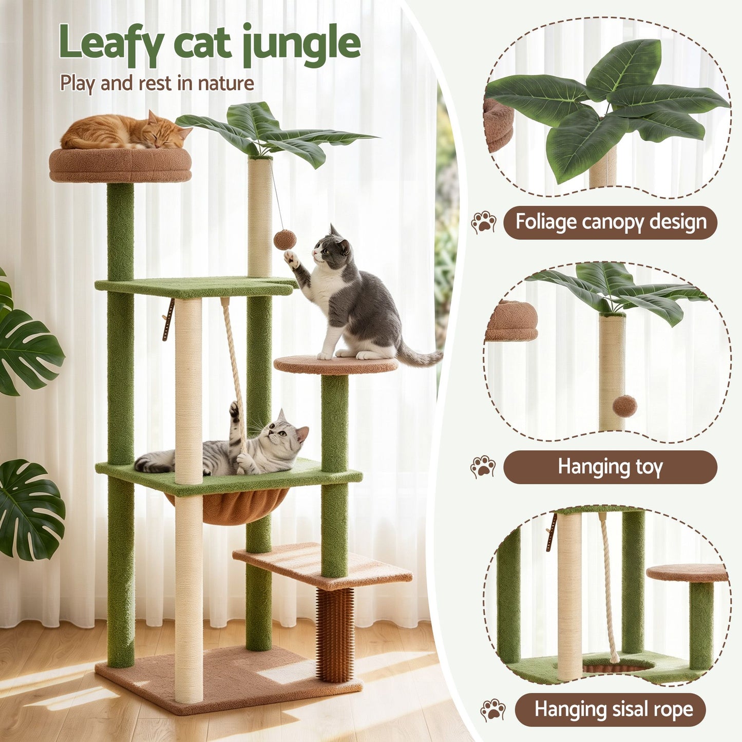 i.Pet 152cm Jungle Cat Tree Tower | Multi-Level Scratching Post | Leafy Canopy