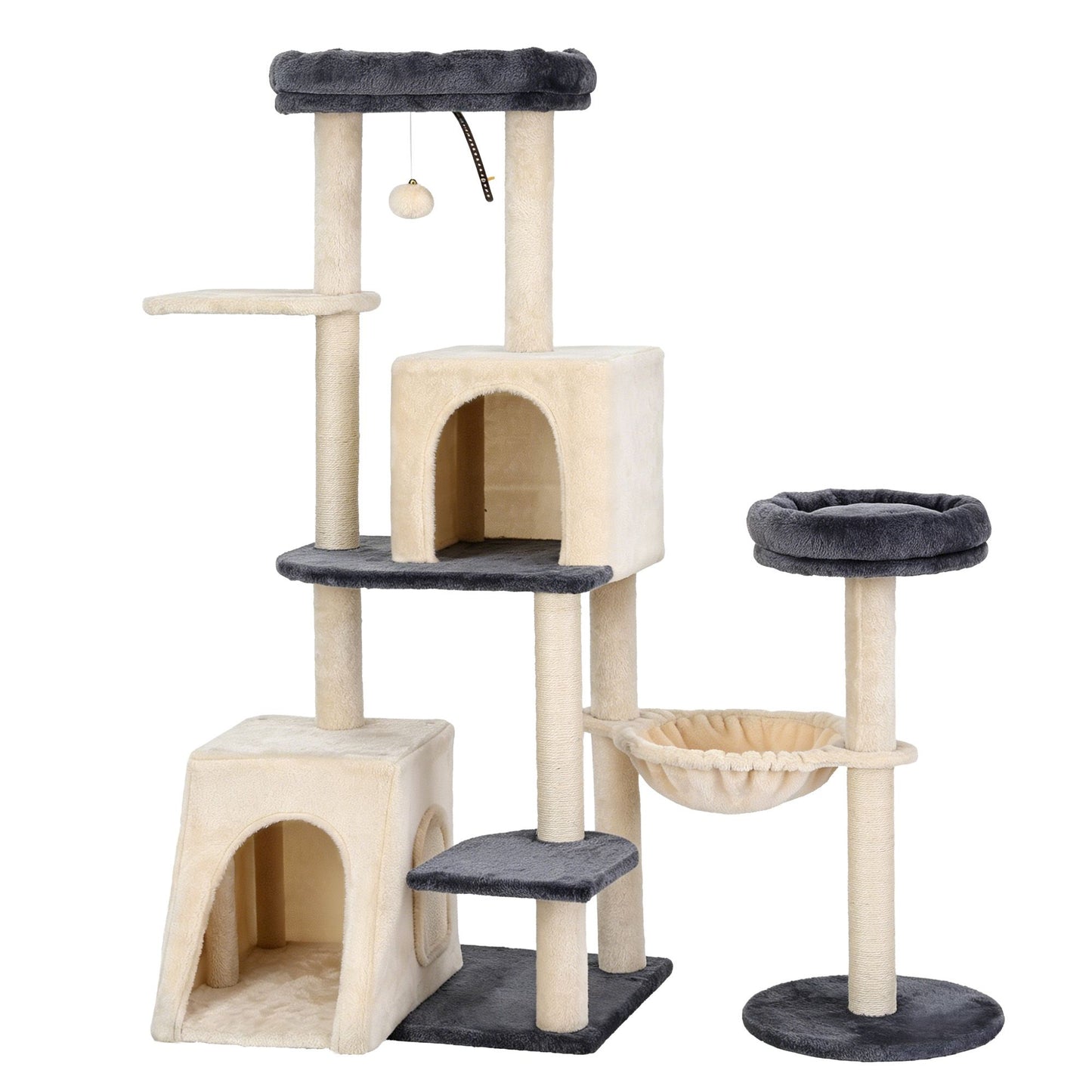 i.Pet 133cm L-Shape Cat Tree Tower | Rotatable Design | Scratching Post | Grey & Beige