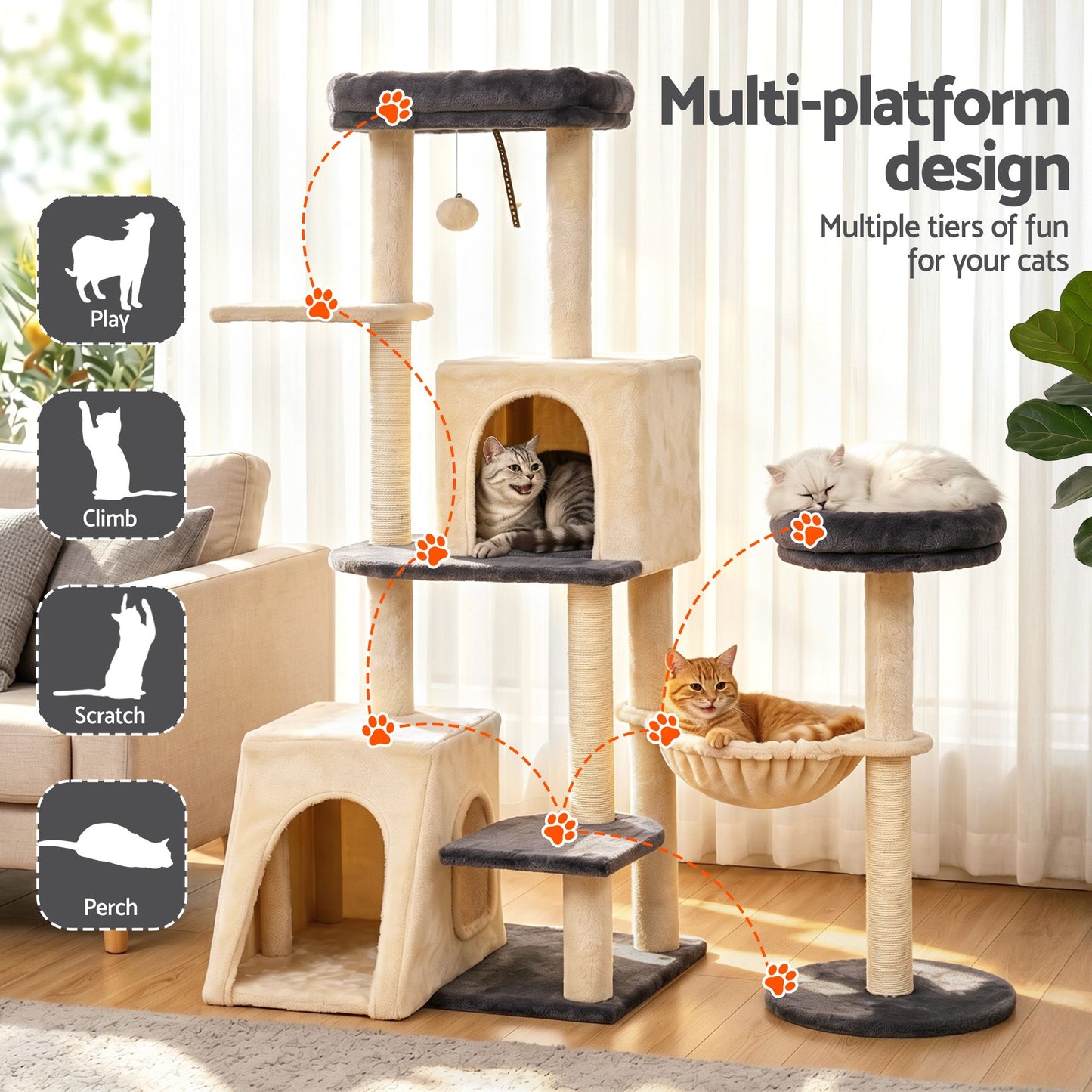 i.Pet 133cm L-Shape Cat Tree Tower | Rotatable Design | Scratching Post | Grey & Beige