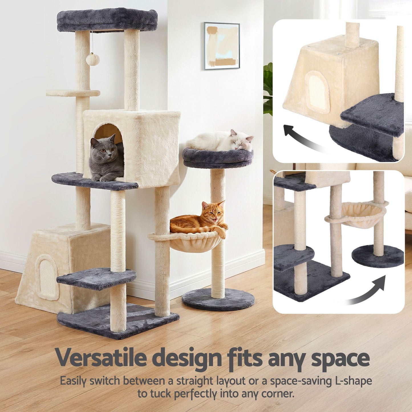i.Pet 133cm L-Shape Cat Tree Tower | Rotatable Design | Scratching Post | Grey & Beige