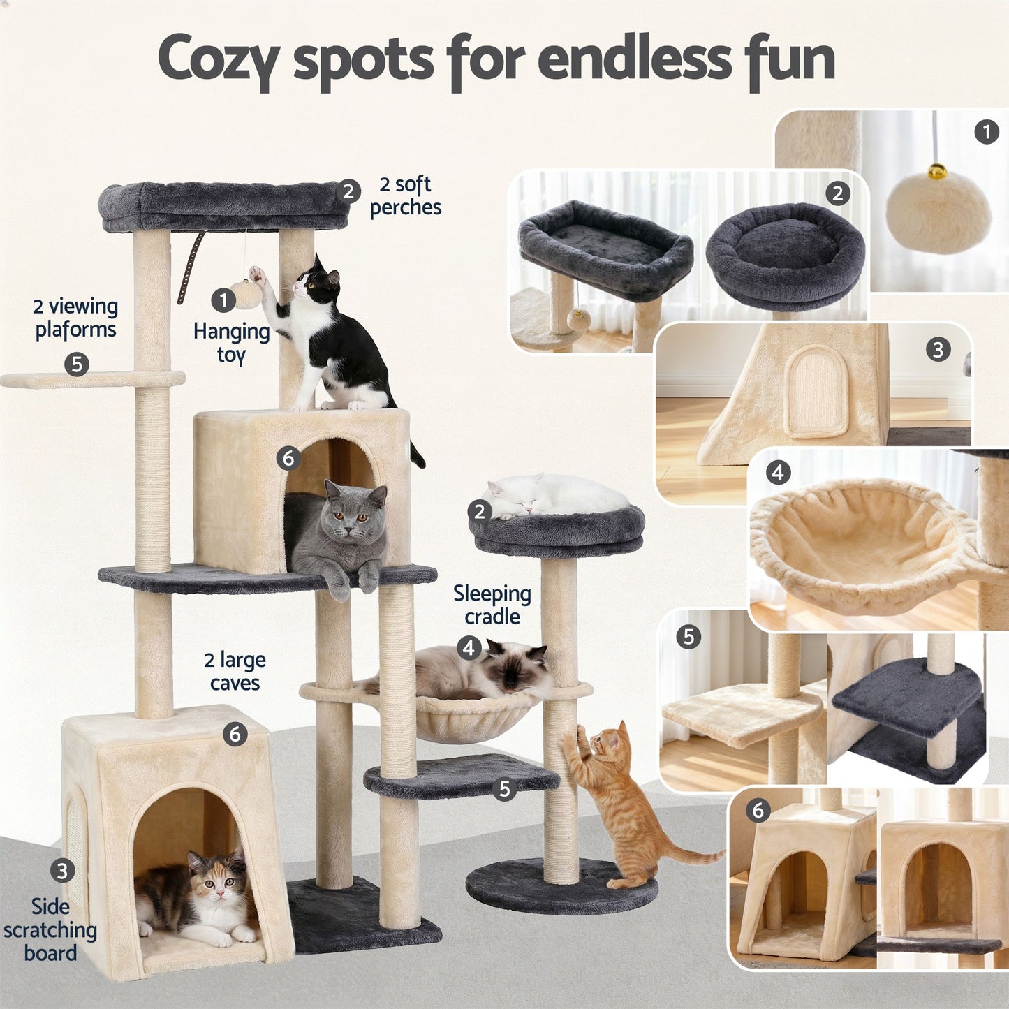 i.Pet 133cm L-Shape Cat Tree Tower | Rotatable Design | Scratching Post | Grey & Beige