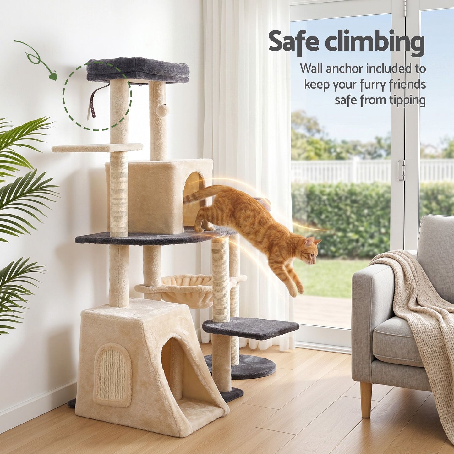 i.Pet 133cm L-Shape Cat Tree Tower | Rotatable Design | Scratching Post | Grey & Beige