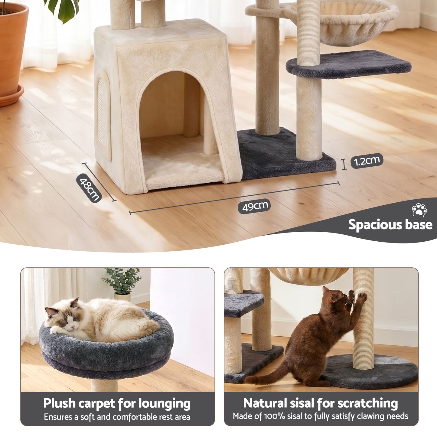 i.Pet 133cm L-Shape Cat Tree Tower | Rotatable Design | Scratching Post | Grey & Beige