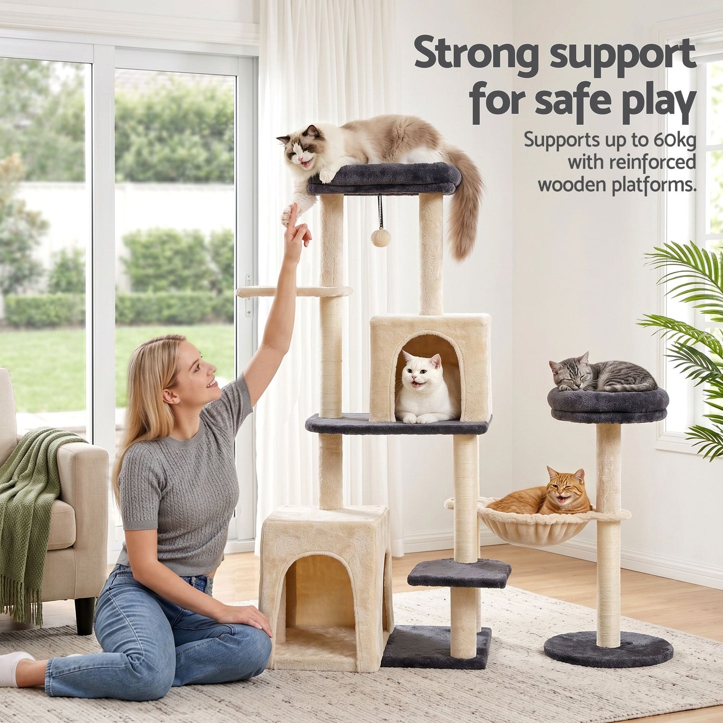 i.Pet 133cm L-Shape Cat Tree Tower | Rotatable Design | Scratching Post | Grey & Beige
