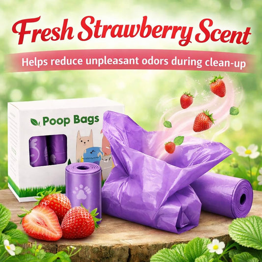 Purple Strawberry Scented Dog Poop Bags with Dispenser | Biodegradable