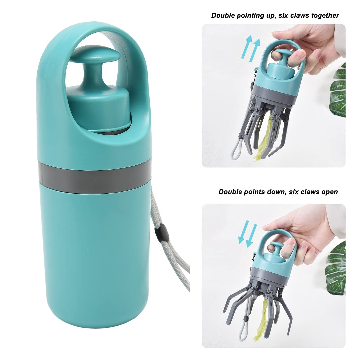 Teal Zero-Contact Dog Poop Scooper | 6-Claw with Built-in Bag Dispenser | Outdoor Pet Waste