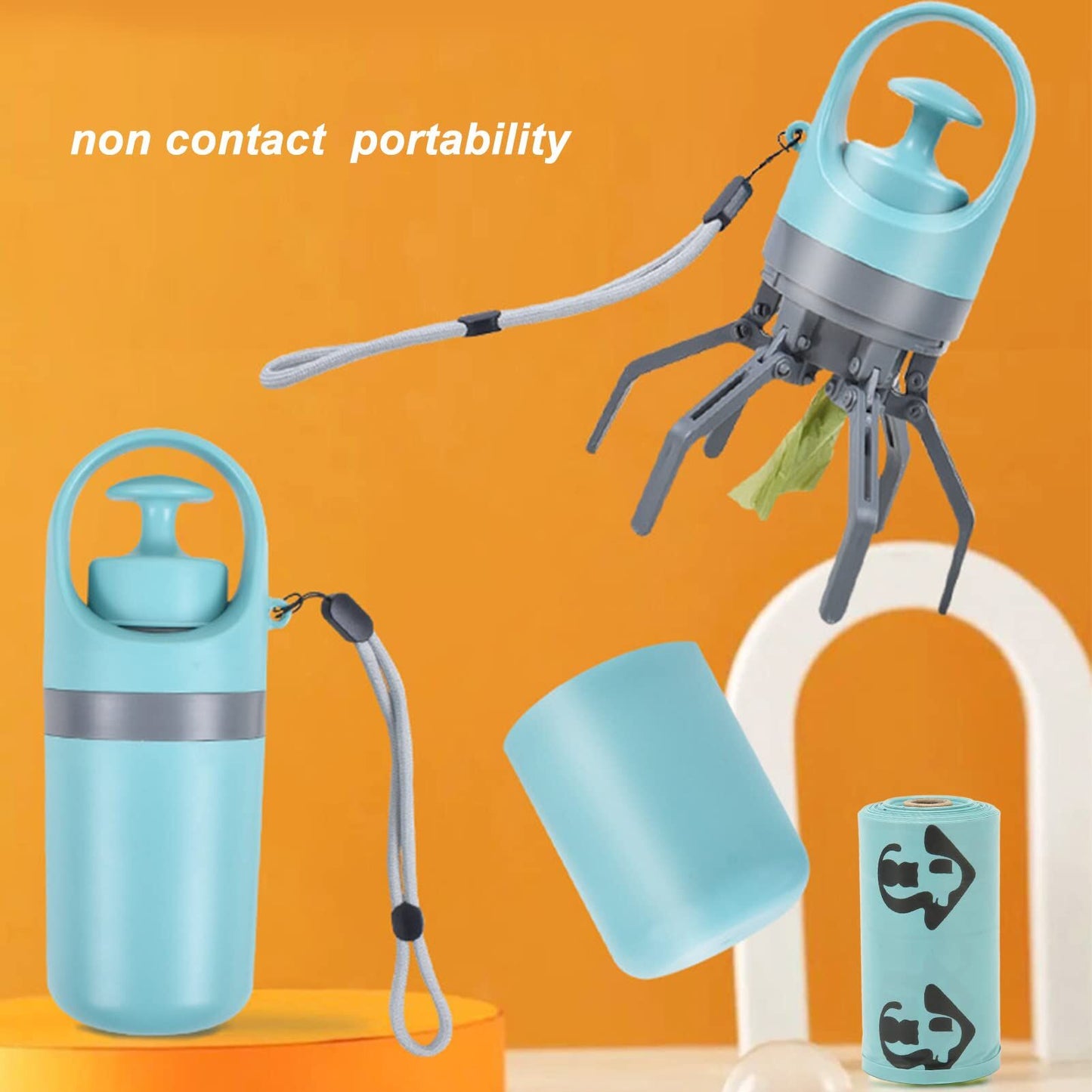 Teal Zero-Contact Dog Poop Scooper | 6-Claw with Built-in Bag Dispenser | Outdoor Pet Waste
