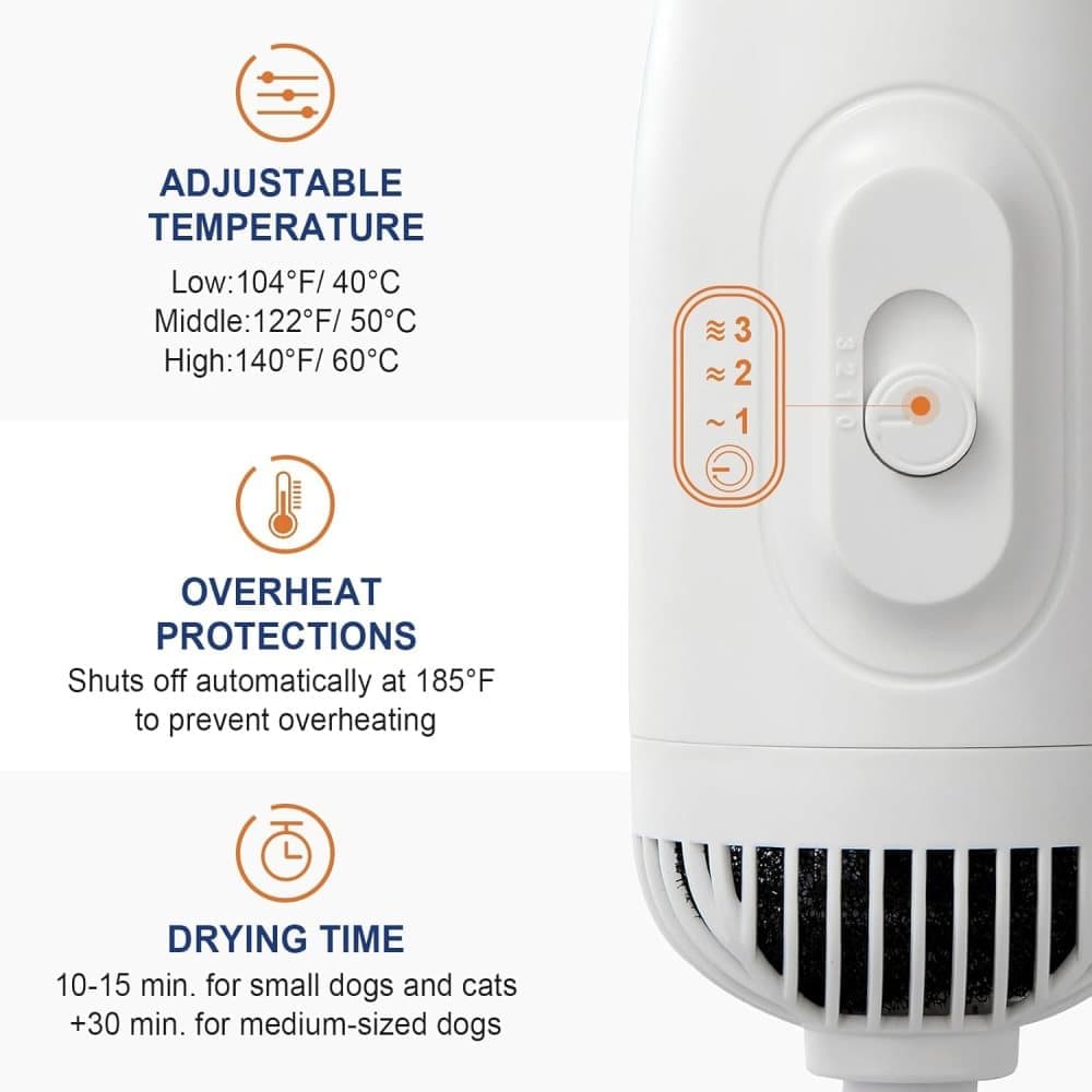 Grey 3-in-1 Pet Hair Dryer with Brush | Portable Quiet | 3 Heat Settings | Dog & Cat