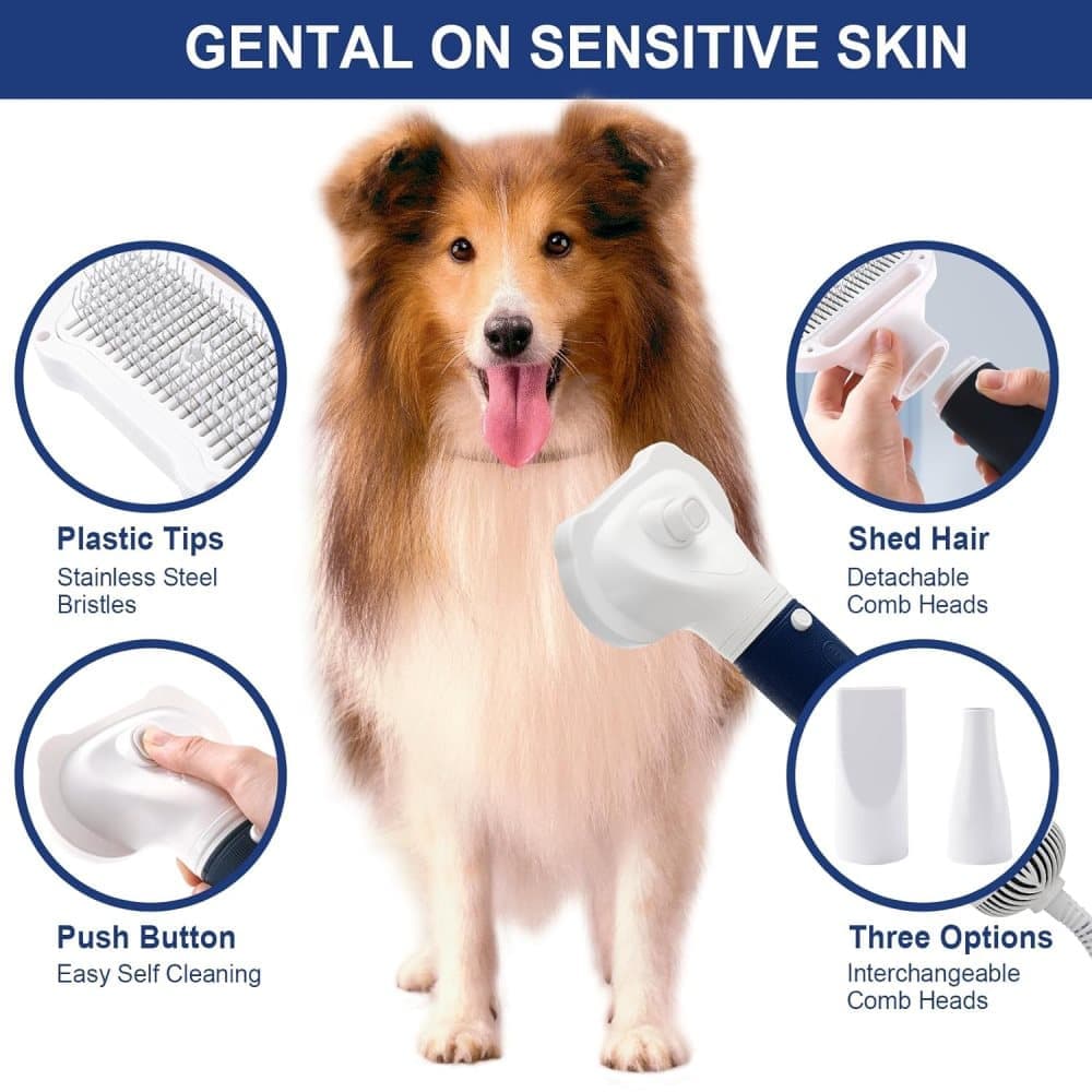 Blue 3-in-1 Pet Hair Dryer with Brush | Portable Quiet | 3 Heat Settings | Dog & Cat