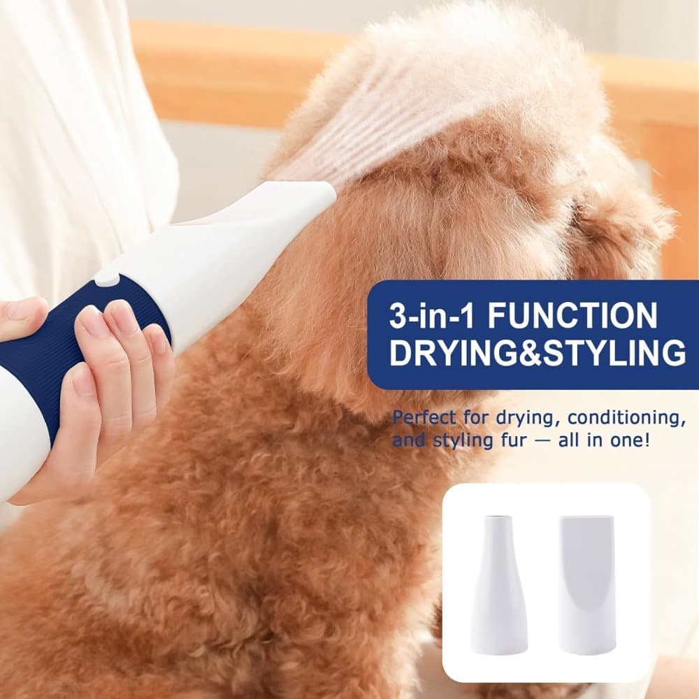 Blue 3-in-1 Pet Hair Dryer with Brush | Portable Quiet | 3 Heat Settings | Dog & Cat