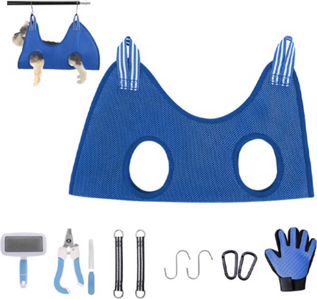 11-Piece Pet Grooming Hammock | Cat & Dog Nail Trimming Harness | Size S | Blue