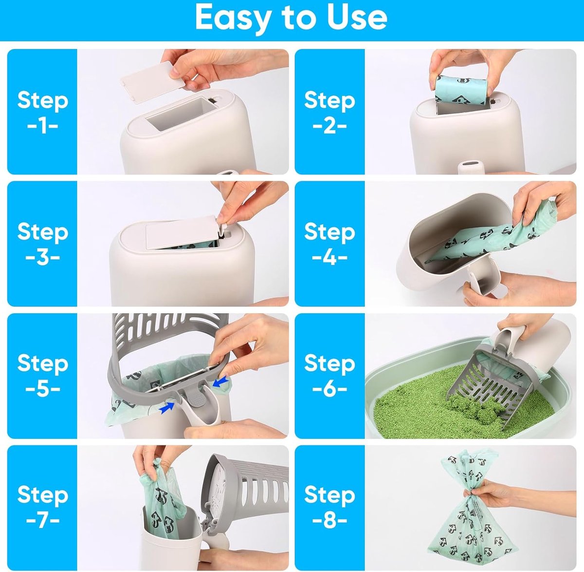 Cat Litter Scoop with Collection Tray & 8 Rolls Waste Bags | Ergonomic Grey | Dirt-Free