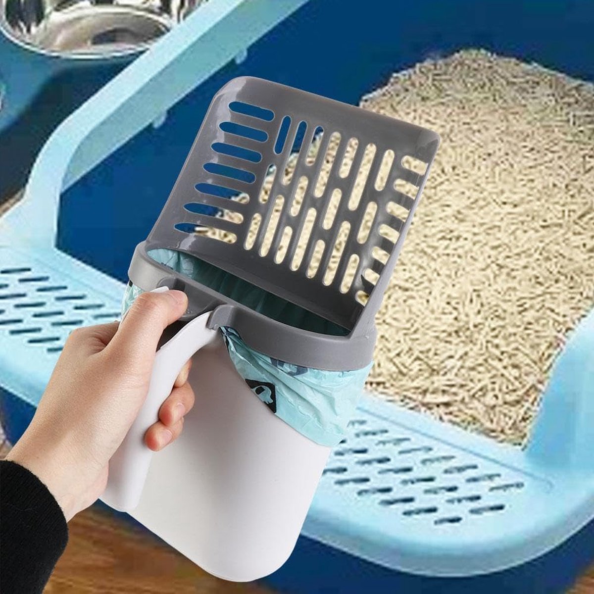 Cat Litter Scoop with Collection Tray & 8 Rolls Waste Bags | Ergonomic Grey | Dirt-Free