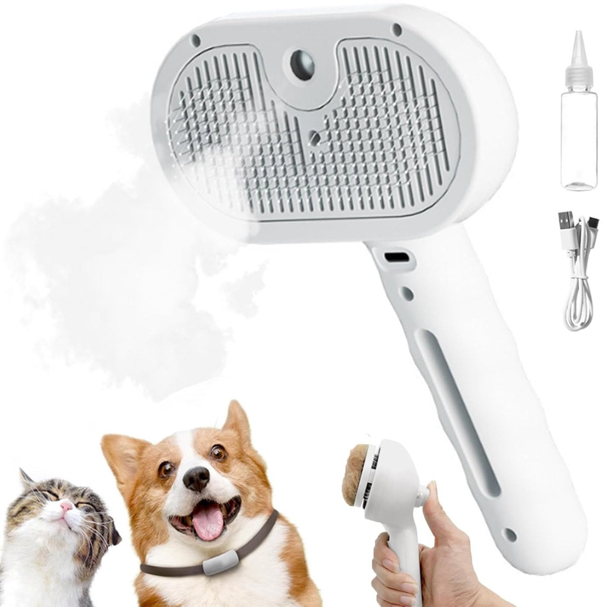 White 3-in-1 Pet Steam Brush & Spray Shedding Comb | Grooming Brush with Spray | Dog & Cat