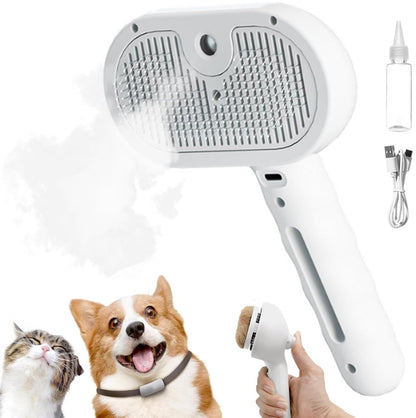 White 3-in-1 Pet Steam Brush & Spray Shedding Comb | Dog & Cat