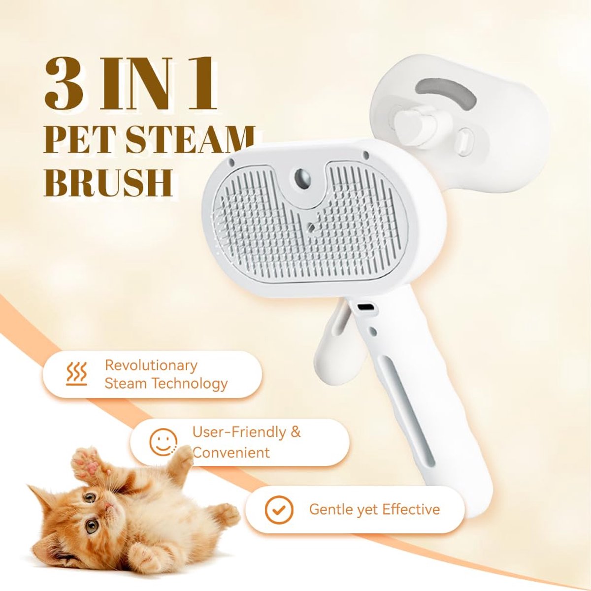 White 3-in-1 Pet Steam Brush & Spray Shedding Comb | Grooming Brush with Spray | Dog & Cat