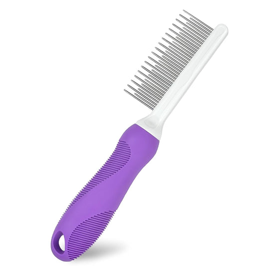 Purple Detangling Pet Comb | Long & Short Steel Teeth | Knot & Tangle Removal | Dogs & Cats