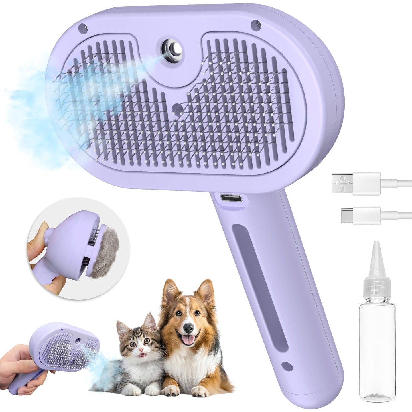 Purple 3-in-1 Self-Cleaning Pet Steam Brush | Anti-Static | Massage & Fur Removal