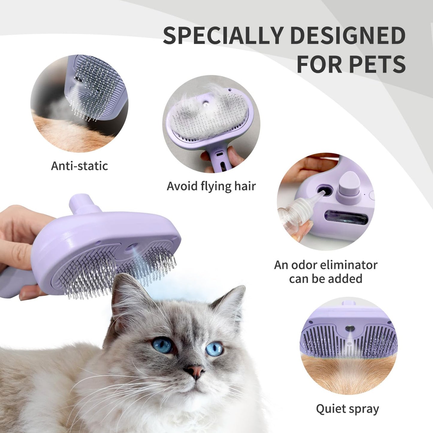 Purple 3-in-1 Self-Cleaning Pet Steam Brush | Anti-Static | Massage & Fur Removal