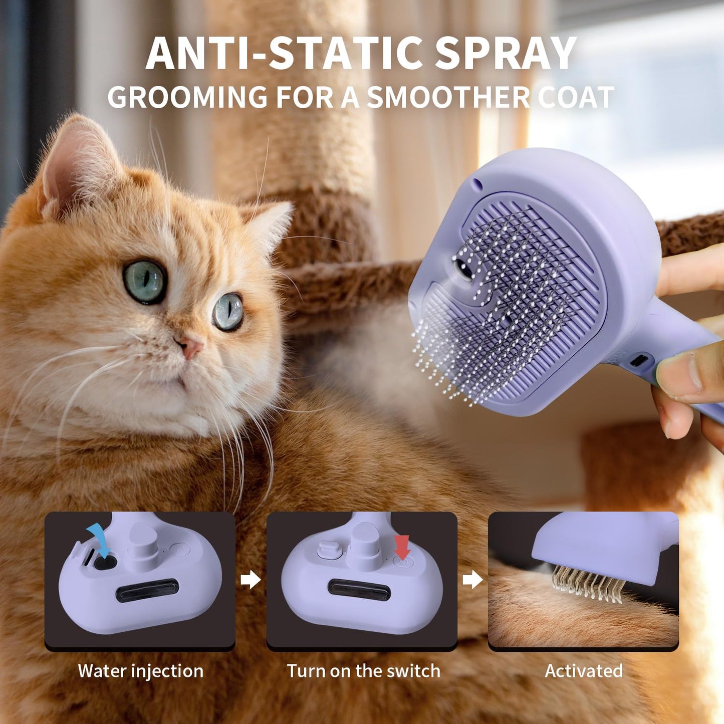 Purple 3-in-1 Self-Cleaning Pet Steam Brush | Anti-Static | Massage & Fur Removal