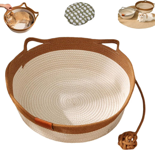 Cotton Rope Woven Cat Bed Basket | Built-in Teasing Ball | Medium