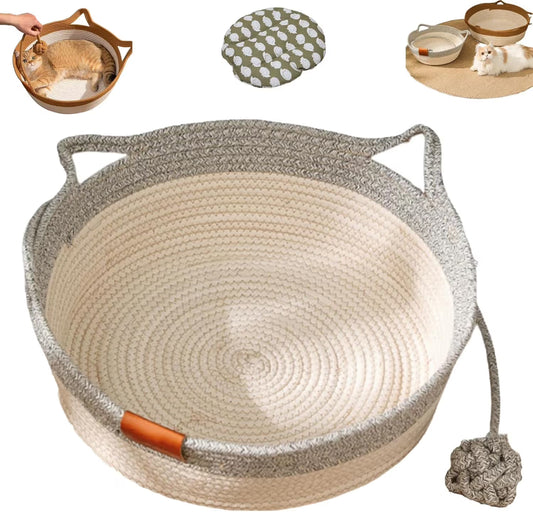 Cotton Rope Woven Cat Bed Basket | Built-in Teasing Ball | Small | Gray