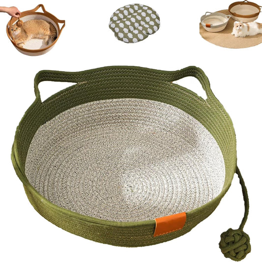 Cotton Rope Woven Cat Bed Basket | Built-in Teasing Ball | Medium | Green