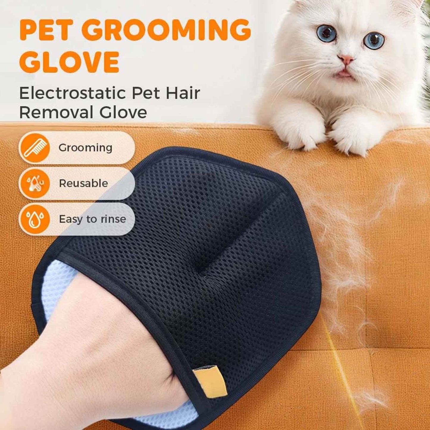 Blue & Black Electrostatic Pet Hair Removal Gloves | Thickened Reusable Brush | Dogs & Cats | Furniture & Car