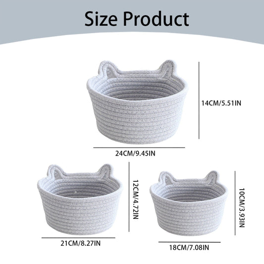 Cat Ears Pet Toy Organizer Basket | Woven Cotton Rope | 7.8 Inch Grey