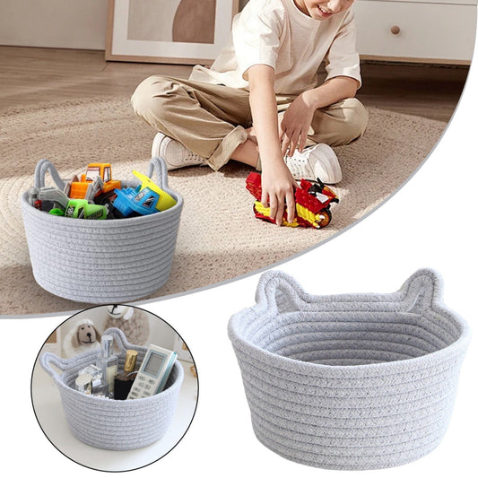 Cat Ears Pet Toy Organizer Basket | Woven Cotton Rope | 8.7 Inch Grey