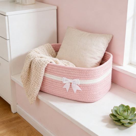Large Woven Pet Toy Storage Basket | Pink | Cotton Rope with Handles